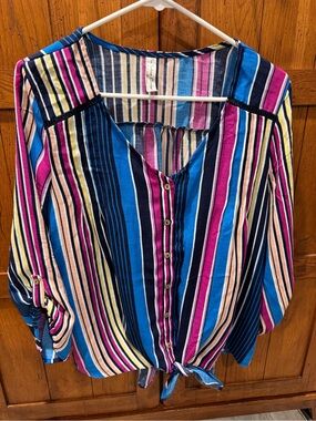 PerSeption Concept Multi-Stripe Button Front Tie-Hem Blouse